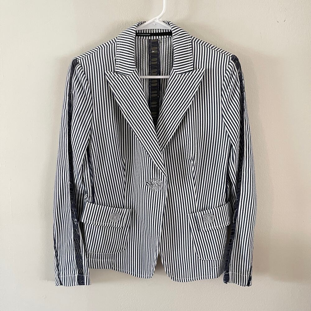 Gaetano Navarra Womens 44 Seersucker Blazer Blue White Cut Out Detail US 8